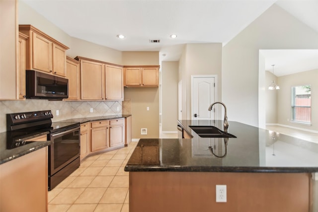 5900 Pansy Rd, Fort Worth, TX 76123 - kitchen featuring stainless steel electric range oven, a sink, tasteful backsplash, light tile patterned floors, and dark stone counters
