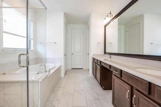 3000 Culver Ave, Celina, TX 75009 - bathroom featuring marble finish flooring, a garden tub, double vanity, and a marble finish shower