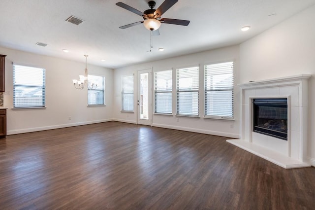 3000 Culver Ave, Celina, TX 75009 - unfurnished living room with a chandelier, dark wood finished floors, a ceiling fan, baseboards, and recessed lighting