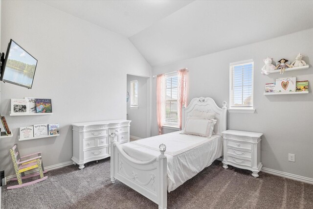 2540 Bottlebrush Dr, Prosper, TX 75078 - bedroom featuring dark carpet, vaulted ceiling, and baseboards