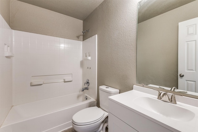 4032 Red Rock, Heartland, TX 75126 - bathroom with a textured wall, toilet, vanity, and shower / washtub combination