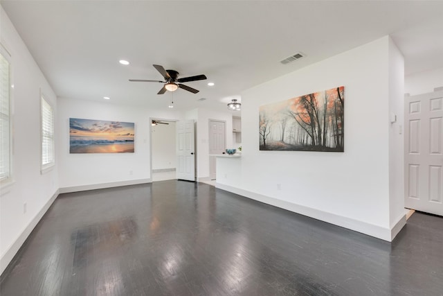 10166 San Lorenzo Dr, Dallas, TX 75228 - unfurnished living room featuring ceiling fan, dark wood finished floors, baseboards, and recessed lighting