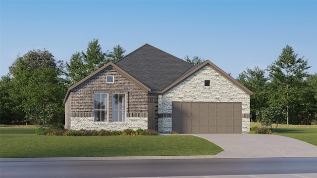 438 Lone Star Dr, Justin, TX 76247 - view of front of house with an attached garage, concrete driveway, a front lawn, stone siding, and brick siding