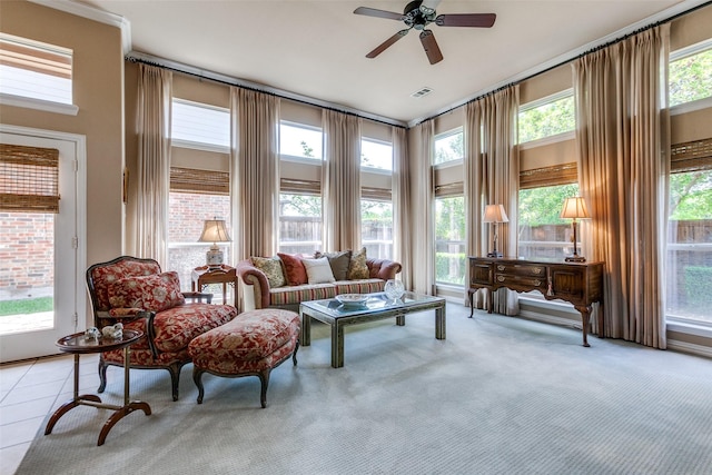 3671 Navarro Way, Frisco, TX 75034 - carpeted living area featuring a ceiling fan and plenty of natural light