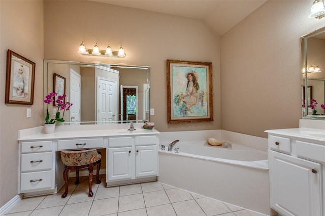 3671 Navarro Way, Frisco, TX 75034 - bathroom featuring tile patterned flooring, two vanities, a bath, and lofted ceiling