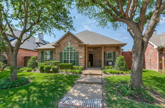 3671 Navarro Way, Frisco, TX 75034 - view of front of house featuring brick siding, a shingled roof, and a chimney