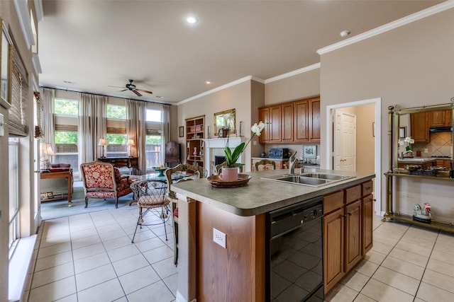 3671 Navarro Way, Frisco, TX 75034 - kitchen featuring dishwasher, open floor plan, a sink, ceiling fan, and brown cabinets