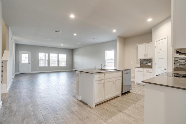 600 Trinity Park Trl, Alvarado, TX 76009 - kitchen with a sink, dishwasher, decorative backsplash, light wood-type flooring, and white cabinets