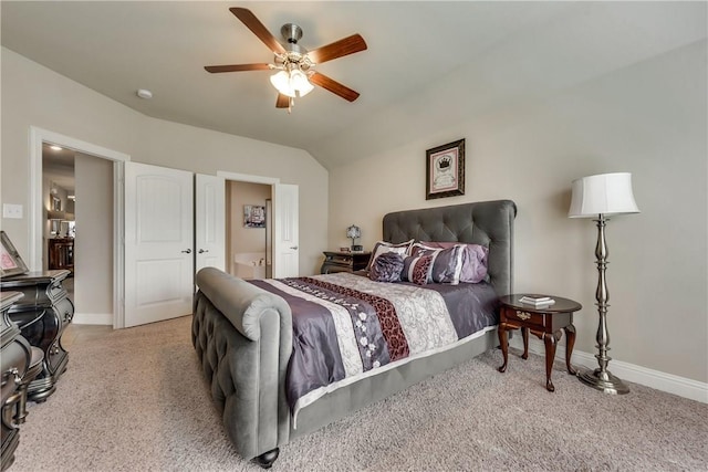 3804 Tunstall Dr, Frisco, TX 75036 - bedroom featuring light carpet, baseboards, ensuite bath, vaulted ceiling, and ceiling fan