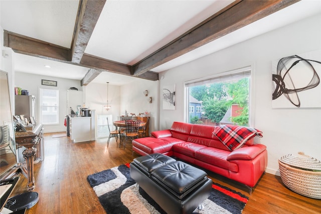 living room with healthy amount of natural light, wood finished floors, beamed ceiling, and baseboards