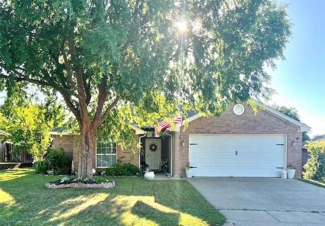 221 Whitestone Way, Weatherford, TX 76085 - view of property hidden behind natural elements featuring brick siding, concrete driveway, a front lawn, and an attached garage