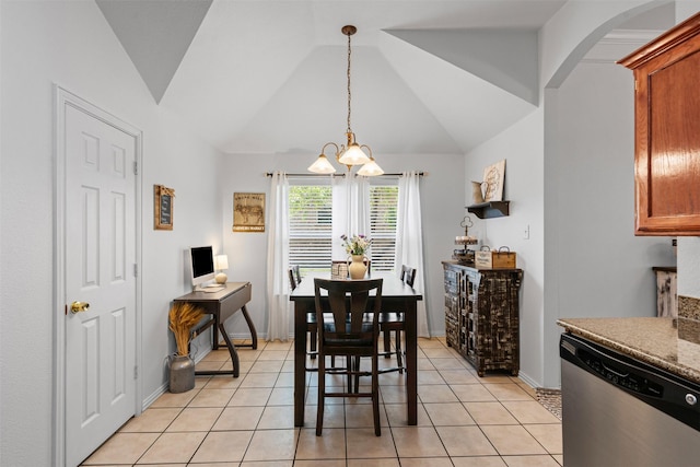 221 Whitestone Way, Weatherford, TX 76085 - dining area with lofted ceiling, arched walkways, light tile patterned flooring, and a chandelier