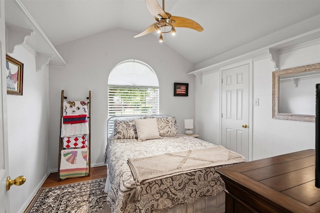 221 Whitestone Way, Weatherford, TX 76085 - bedroom featuring vaulted ceiling, dark wood finished floors, and a ceiling fan