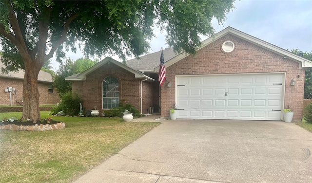 221 Whitestone Way, Weatherford, TX 76085 - ranch-style home with brick siding, concrete driveway, a front yard, and a garage