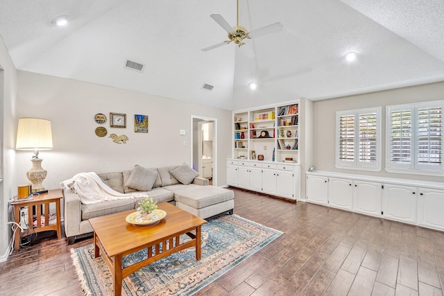 5403 Linden Ct, Colleyville, TX 76034 - living room featuring high vaulted ceiling, ceiling fan, wood finished floors, recessed lighting, and a textured ceiling