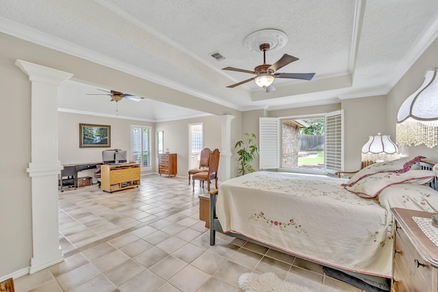 5403 Linden Ct, Colleyville, TX 76034 - bedroom with ornate columns, a tray ceiling, ornamental molding, light tile patterned floors, and a textured ceiling