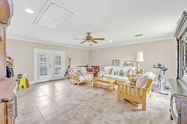 5403 Linden Ct, Colleyville, TX 76034 - living area featuring attic access, ornamental molding, a ceiling fan, french doors, and light tile patterned flooring