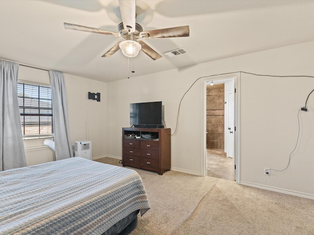 402 Brookview Dr, Decatur, TX 76234 - bedroom featuring carpet floors, baseboards, ceiling fan, and ensuite bathroom