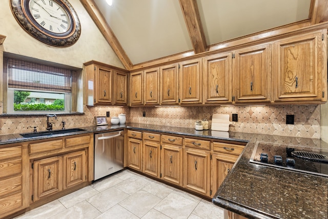 1141 Yorkshire Dr, Carrollton, TX 75007 - kitchen with stainless steel dishwasher, black electric stovetop, tasteful backsplash, light tile patterned flooring, and brown cabinets