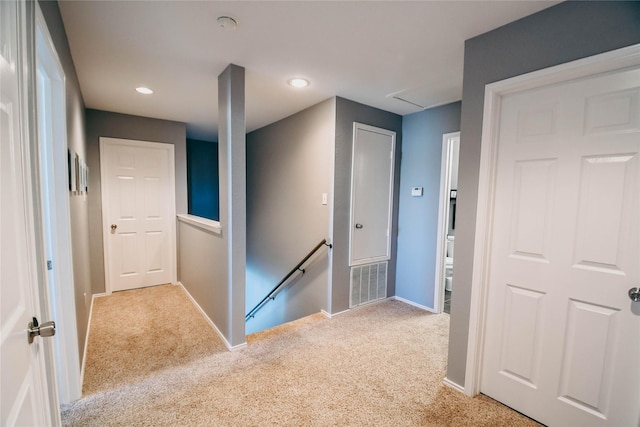1433 Sun Breeze Dr, Little Elm, TX 75068 - corridor with an upstairs landing, carpet flooring, baseboards, and recessed lighting