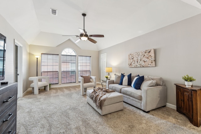 4312 Mead Dr, Plano, TX 75024 - living area featuring light colored carpet, ceiling fan, vaulted ceiling, and baseboards