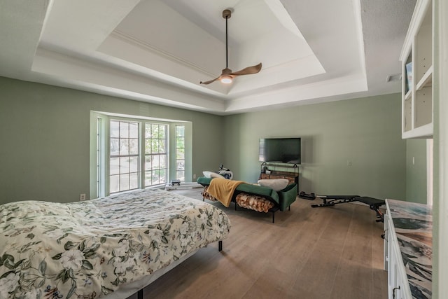 707 Kyle Dr, Arlington, TX 76011 - bedroom with a tray ceiling, wood finished floors, and ceiling fan
