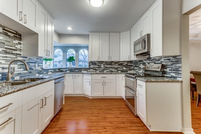 10014 Silver Creek Rd, Dallas, TX 75243 - kitchen with appliances with stainless steel finishes, a sink, light wood-style flooring, decorative backsplash, and recessed lighting