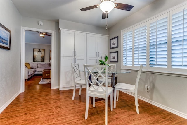 10014 Silver Creek Rd, Dallas, TX 75243 - dining space featuring a ceiling fan, light wood-style flooring, and baseboards