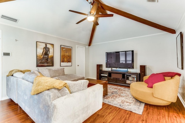 10014 Silver Creek Rd, Dallas, TX 75243 - living room with a ceiling fan, beam ceiling, wood finished floors, high vaulted ceiling, and baseboards