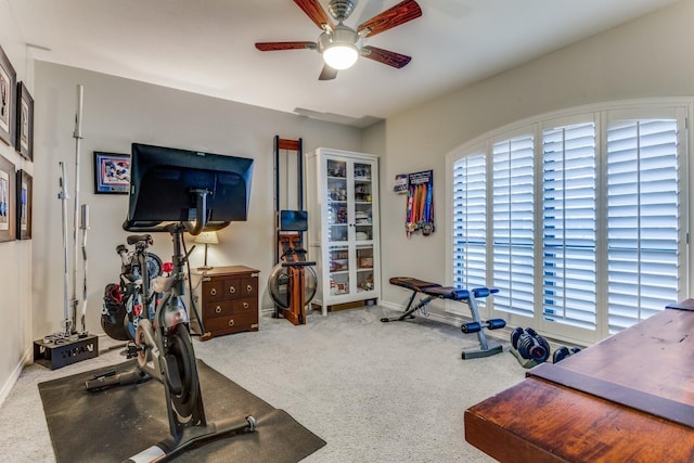 10014 Silver Creek Rd, Dallas, TX 75243 - workout area with carpet, ceiling fan, baseboards, and healthy amount of natural light