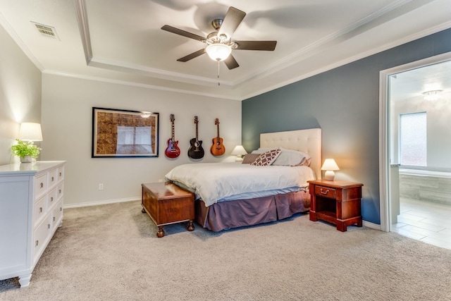 10014 Silver Creek Rd, Dallas, TX 75243 - bedroom featuring a raised ceiling, light carpet, crown molding, baseboards, and a ceiling fan