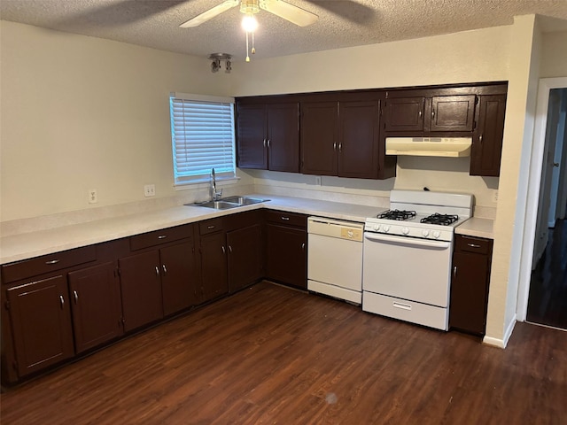 437 Browning Dr, Arlington, TX 76010 - kitchen featuring white appliances, a sink, under cabinet range hood, a textured ceiling, and dark wood-style floors