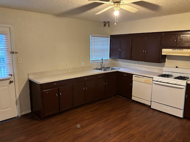437 Browning Dr, Arlington, TX 76010 - kitchen with white appliances, a sink, under cabinet range hood, dark wood-style flooring, and a textured ceiling