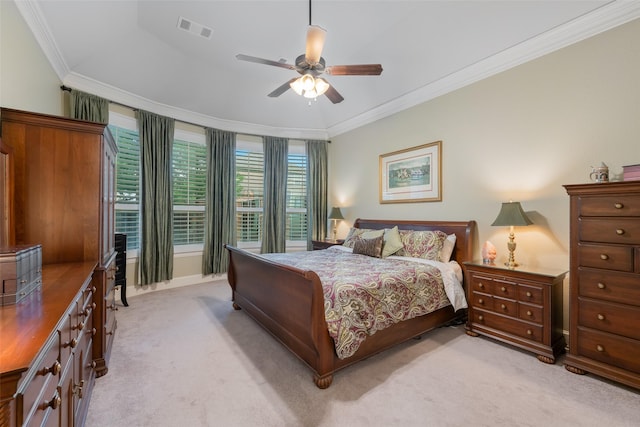 8803 Kelvington Dr, Frisco, TX 75035 - bedroom featuring light colored carpet, crown molding, and a ceiling fan