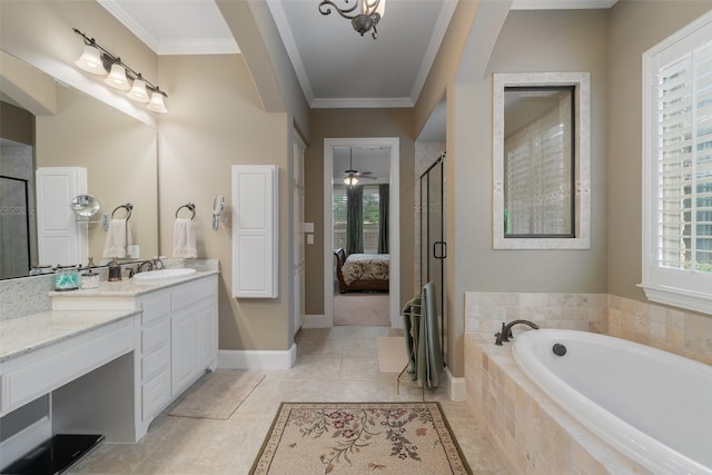 8803 Kelvington Dr, Frisco, TX 75035 - ensuite bathroom with crown molding, a bath, vanity, a stall shower, and plenty of natural light