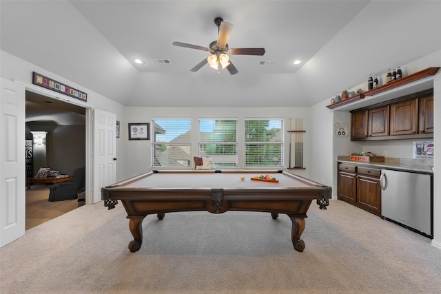 8803 Kelvington Dr, Frisco, TX 75035 - rec room featuring light carpet, vaulted ceiling, ceiling fan, billiards table, and recessed lighting
