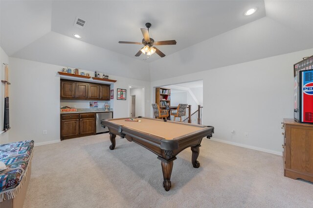 8803 Kelvington Dr, Frisco, TX 75035 - rec room featuring vaulted ceiling, a ceiling fan, light carpet, billiards, and baseboards