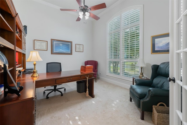 8803 Kelvington Dr, Frisco, TX 75035 - office with ornamental molding, carpet floors, a ceiling fan, and baseboards