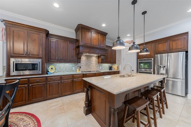 8803 Kelvington Dr, Frisco, TX 75035 - kitchen featuring a sink, stainless steel appliances, crown molding, light stone counters, and backsplash
