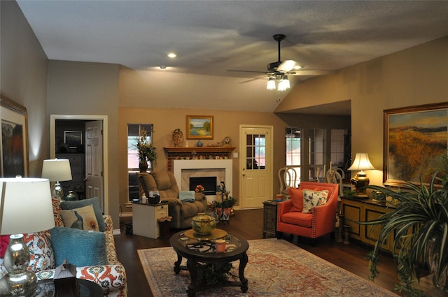 1720 Red Oak Cir, Sulphur Springs, TX 75482 - living area with ceiling fan, lofted ceiling, dark wood-style floors, and a fireplace