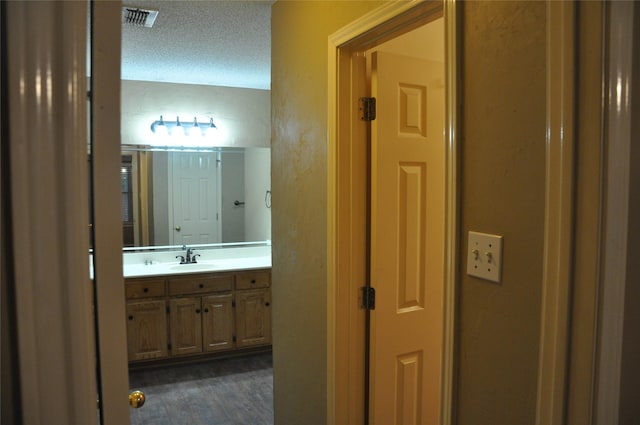 1720 Red Oak Cir, Sulphur Springs, TX 75482 - bathroom featuring vanity, a textured wall, a textured ceiling, and wood finished floors