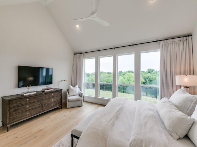 4837 Cumberland Cir, Carrollton, TX 75010 - bedroom featuring light wood finished floors, high vaulted ceiling, recessed lighting, and ceiling fan