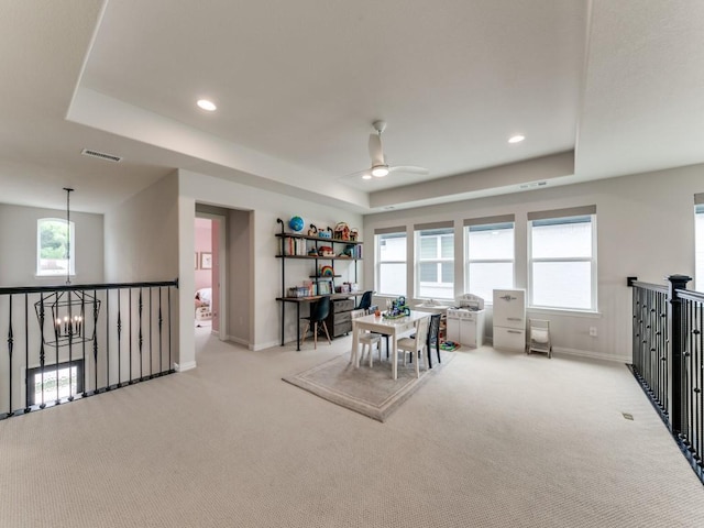 4837 Cumberland Cir, Carrollton, TX 75010 - dining space with a tray ceiling, baseboards, carpet, ceiling fan, and recessed lighting