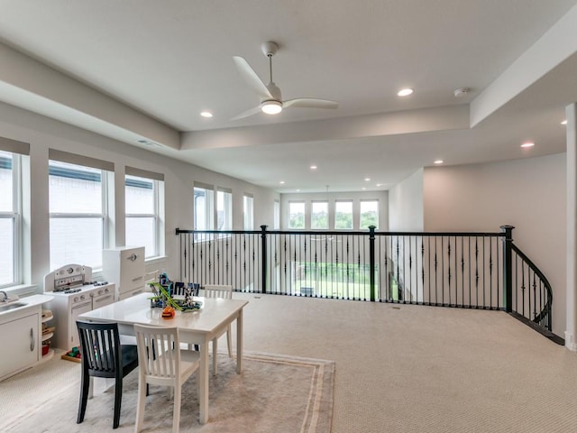 4837 Cumberland Cir, Carrollton, TX 75010 - dining room featuring ceiling fan, plenty of natural light, recessed lighting, and light carpet