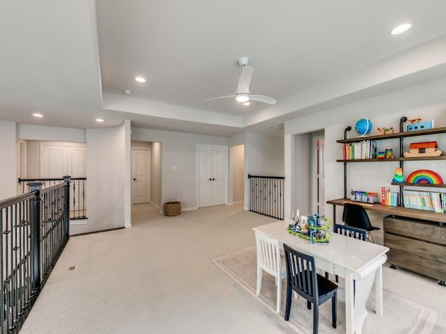 4837 Cumberland Cir, Carrollton, TX 75010 - rec room featuring recessed lighting, an office area, a raised ceiling, light carpet, and a ceiling fan