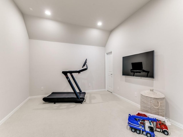 4837 Cumberland Cir, Carrollton, TX 75010 - exercise room with vaulted ceiling, carpet flooring, baseboards, and recessed lighting
