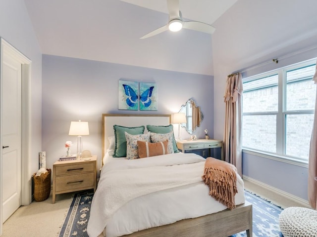 4837 Cumberland Cir, Carrollton, TX 75010 - carpeted bedroom with lofted ceiling, ceiling fan, and baseboards