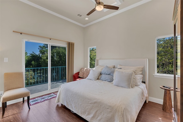 3405 Waterview Trl, Rockwall, TX 75087 - bedroom with access to exterior, dark wood finished floors, crown molding, a high ceiling, and baseboards