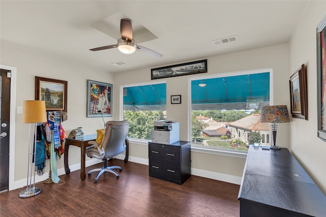 3405 Waterview Trl, Rockwall, TX 75087 - home office featuring ceiling fan, dark wood-style floors, and baseboards