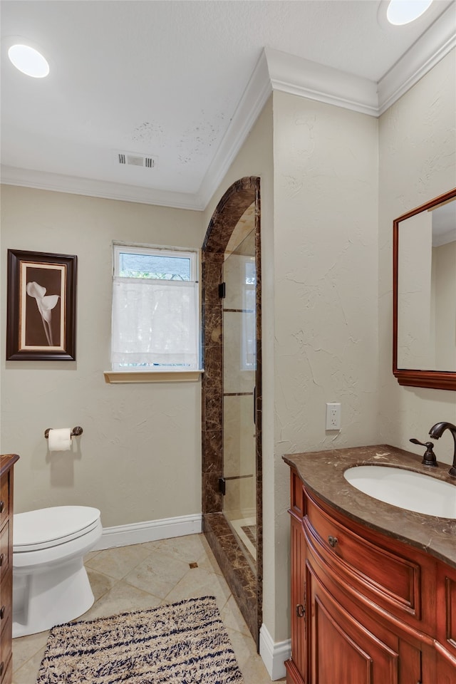 3405 Waterview Trl, Rockwall, TX 75087 - full bathroom with vanity, ornamental molding, toilet, a stall shower, and tile patterned flooring